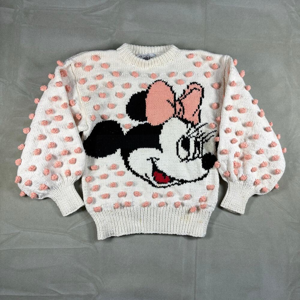 Vintage‎ Minnie Mouse Knit Sweater Susie Lee Disney Popcorn Dot Pink White M
